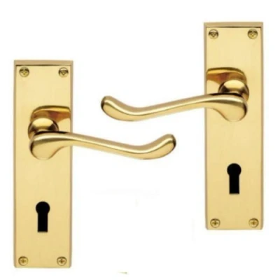 Image of Victorian Scroll Polished Brass Lever Lock Door Handles 145 x 38mm