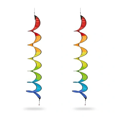 Image of Relaxdays Wind Spinner, 2x Set, Rainbow, Hanging Garden Decoration, Balcony Ornament, Twirl, HxD: 130 x 20 cm, Colourful, Polyester, cm