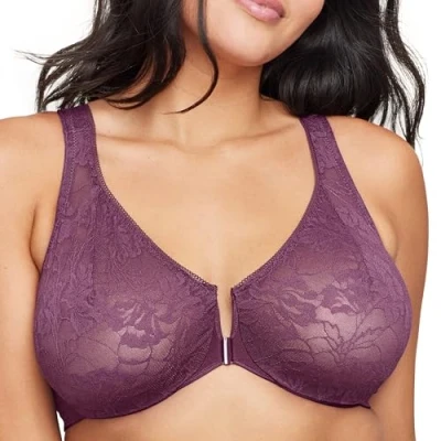 Image of Glamorise Full Figure Plus Size Lacey T Back Front Closure Wonderwire Bra Underwire #9246 Black Plum