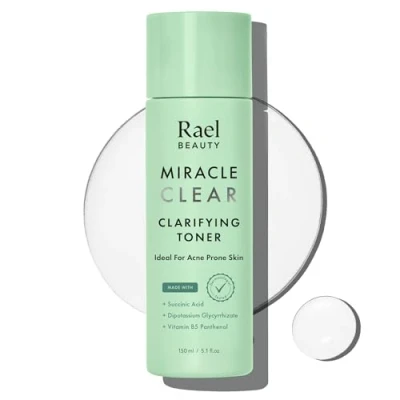Image of Rael Miracle Clear Clarifying Toner for Face Acne Prone Sensitive &amp; Oily Skin, Pore Refining, Korean Skincare, Succinic Acid, Vitamin B5, Vegan, Cruelty Free (150ml)