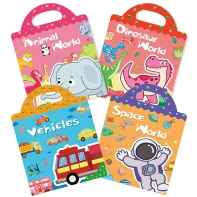 Image of GUYUCOM 4 Pack Reusable Sticker Books Toddlers, Upgraded Jelly Texture, Travel Toys for Aged 3 4+ Kids Boys Girls, 3D Clear Animal Vehicles Dinosaur Space Book Educational Toy Birthday Gifts