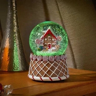 Image of Marco Paul Snow Globe Christmas Musical Gingerbread House Novelty Window Decoration Centrepiece Ornaments Music Box Scene Light Up Stocking Filler