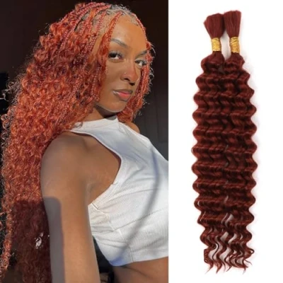Image of Human Braiding Hair for Knotless Braids 2Bundles 100g Deep Wave Bulk Ginger Color No Weft Extensions Boho (350#, 18 Inch(50g/Bundle x2))