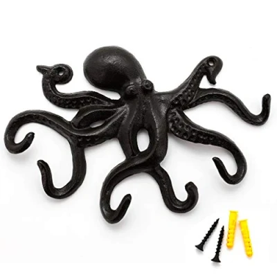 Image of ChasBete Octopus Coat Hooks for Wall, Rustic Cast Iron Key Holder, 22.5cm Heavy Duty Door Hook with 6 Tentacles Black