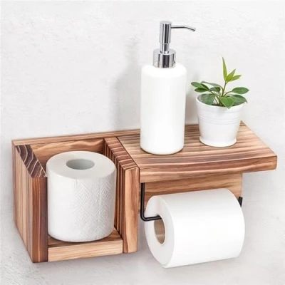 Image of Belle Vous Wooden Toilet Paper Holder with Shelf Wall Mounted Rustic Roll for Bathroom Decor and Accessories Storage Display