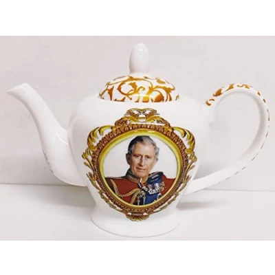 Image of HM King Charles III Teapot Fine Bone China 500ml 17.5fl oz Small Coronation Commemorative Hand Decorated UK