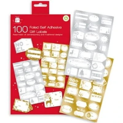 Image of 100 x Christmas Xmas Foil Silver &amp; Gold Sticker Gift Tags