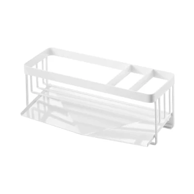 Image of YAMAZAKI 5016 TOWER Sponge &amp; Bottle Holder With Drainer, white, Steel, Minimalist, 25 x 10 9.5 cm