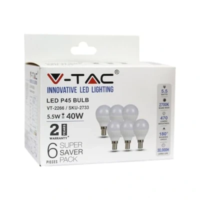 Image of V TAC VT 2266 6 Pack LED Bulbs E14 5.5W 470Lm 2700K G45