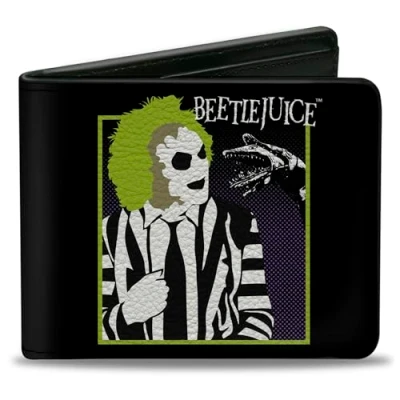 Image of Warner Bros. Horror Movies Wallet, Bifold, Beetlejuice and Sandworm Pose with Title Logo Black, Vegan Leather, 4.0&quot; x 3.5&quot;, Casual