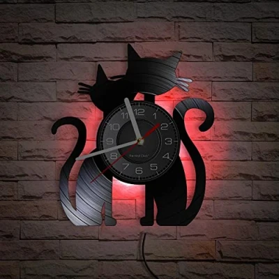 Image of Smotly Vinyl wall clock, cat lovers design with LED night light function, creative decoration clock gift.