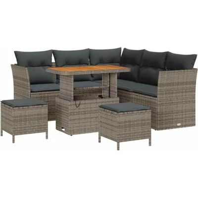 Image of vidaXL 8 Piece Garden Sofa Set with Cushions Grey Poly Rattan Acacia