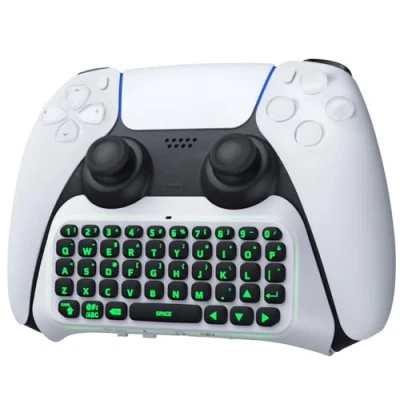Image of TiMOVO Green Backlight Keyboard for PS5 Controller, Wireless Bluetooth Keypad Chatpad Playstation 5 Mini Game Built in Speaker with Audio Jack Messaging, White