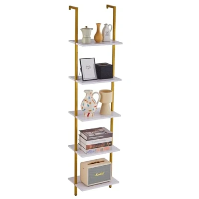 Image of VEVOR Industrial Square Pipe Shelf 5 Tier 15.6x11.8in Wall Mount Floating Rustic Wood Shelves Bracket Display Bookshelf Storage Rack Sundries Holder for Kitchen Bedroom Bathroom Living Room Gold White