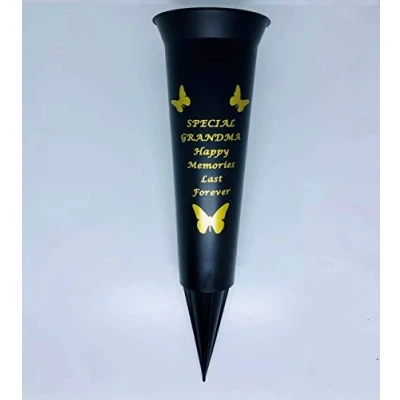 Image of In Loving Memory Verse Graveside Memorial Grave Spiked Flower Vase (Grandma, Black &amp; Gold)