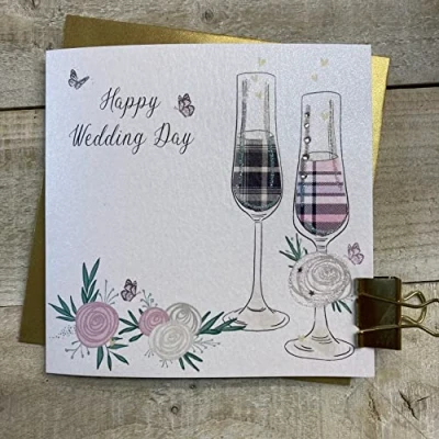Image of WHITE COTTON CARDS TARTAN FLUTES &amp; FLOWERS, SCOTTISH WEDDING CARD, HAND FINISHED (D63)