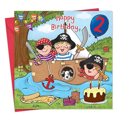 Image of Twizler 2nd Birthday Card For Boy with Pirate Ship Age 2 Gifts Childrens Boys Happy