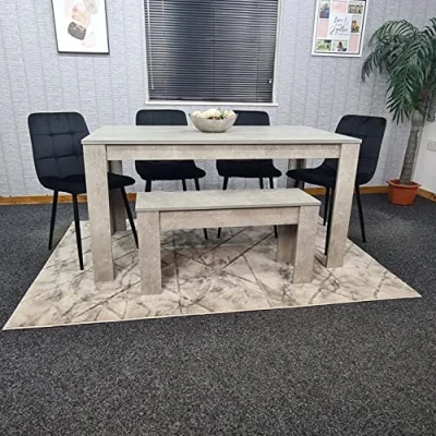 Image of KOSY KOALA Grey Kitchen Dining Table, 4 Black Tufted Velvet Chairs and 1 Bench Set (140x80x75)