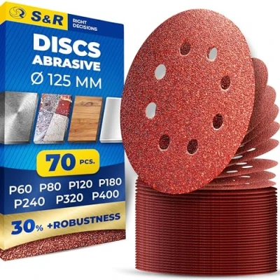 Image of S&amp;R 70 pcs 125mm Sanding Discs Grit 60/80/120/180/240/320/400, Hook and Loop Quick Fitting for Random Orbit Sander Wood, Metal, DIY.