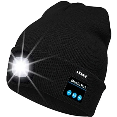 Image of ATNKE LED Lighted Bluetooth Beanie Cap, USB Rechargeable Wireless Musical Running Hat Ultra Bright 4 Waterproof Light Lamp Use for Skiing Hiking Camping Cycling/Black