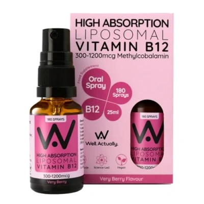 Image of WELL ACTUALLY Liposomal Vitamin B12 Spray 1200mcg High Bioavailability Absorption Vegan Methylcobalamin Oral for Energy, Brain, Immunity Very Berry (180 Sprays)