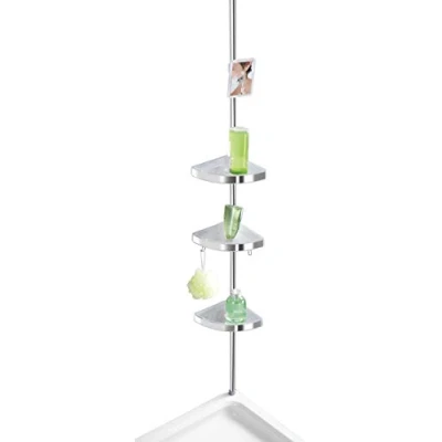 Image of WENKO 22124100 Telescopic shower corner element Premium Shiny 3 shelves, 2 hooks and mirror, Aluminium, 27.5 x 70 260 20 cm,