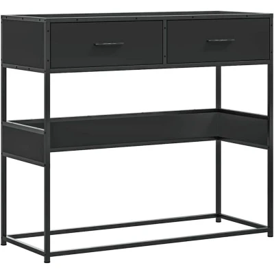 Image of vidaXL Console Table Black Engineered Wood, 90x35x80 cm Modern Hallway with Metal Frame, Drawers &amp; Shelves Living Room/Bedroom Furniture