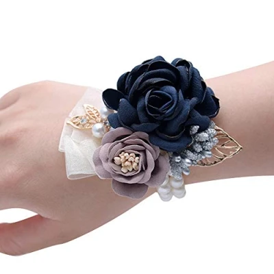 Image of Shiwaki Wedding Supplies Decoration Girl Bridesmaid Wrist Flower Prom Party Small Pink Tea Gift (Dark Blue)