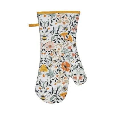Image of Ulster Weavers Bumble Bee &amp; Floral Gauntlet Oven Glove (37 x 20cm) 100% Cotton 1 Piece Heat Resistant Washable with Flowers Bees Kitchen Accessories