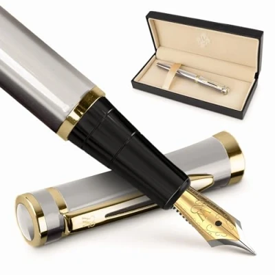 Image of Wordsworth &amp; Black Fountain Pen Set, Medium Nib, Includes 6 Ink Cartridges and Refill Converter, Gift Case, Journaling, Calligraphy, Smooth Writing Pens [Silver Gold], Perfect for Men Women