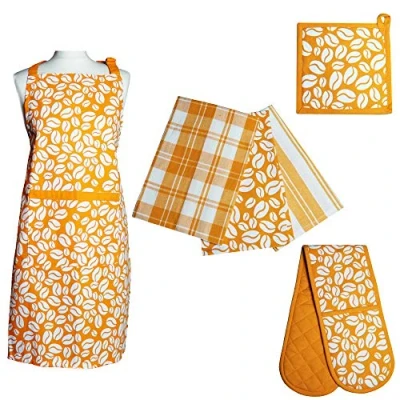 Image of Prime Homewares Orange Bean Design Pot Holder, Double Oven Glove, Tea Towels, Apron (Full 6pc Set)