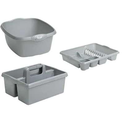 Image of Homey Mart Kitchen Sink Organiser Set Plastic Large Dish Drainer Rectangular Washing Up Bowl and Tidy/Organiser Caddy (Silver/Grey) of 3