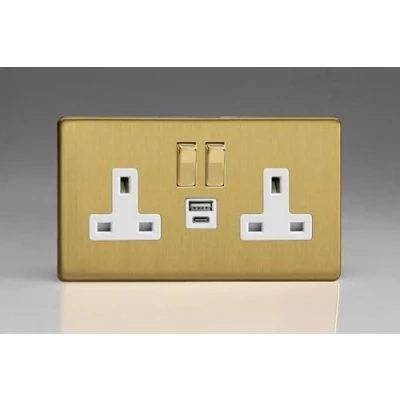 Image of Varilight Flat Plate Screwless Brushed Brass 2 Gang 13A Single Pole Switched Socket with 1x USB A &amp; C Charging Ports White Inserts