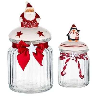 Image of Christmas Cookie Jar Glass with Ceramic Novelty Lid for Sweets Chocolates Candies Biscuits Nuts Containers Kitchen Décor (Set of 2)
