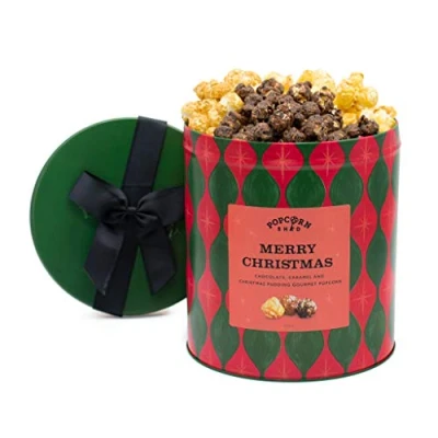 Image of Popcorn Shed Merry Christmas Gourmet Gift Tin, Ultimate Foodie Xmas Gift, Three Delicious Flavours, Gluten Free, Vegetarian Red &amp; Green, 400g