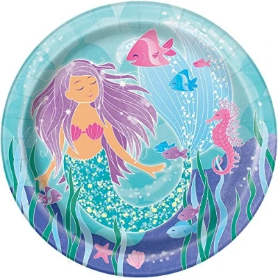 Image of Multicolor Mermaid Round Paper Dinner Plates (22cm) Pack of 8 Enchanting Design for Ocean Themed Table Settings, Ideal Parties &amp; Gatherings, 9 inch
