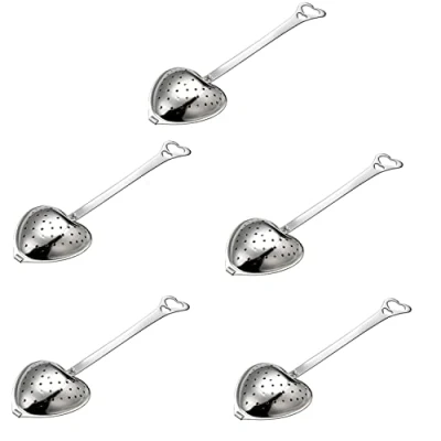 Image of 5 Pieces Heart Shaped Strainer Stainless Steel Tea Long Grip for Loose Leaf Teapot Filter Cooking Mulling Spices