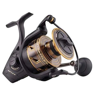 Image of PENN Battle III Spinning, Fishing Reel, Spinning Reels, Sea Inshore Fishing, Rugged, Saltwater Spin Reel for Lure and Bait Bass, Pollack, Cod, Mackerel, Wrasse, Unisex, Black Gold, 8000