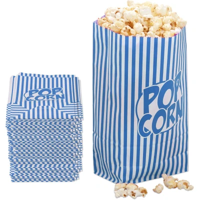 Image of Relaxdays Popcorn Bags, Set of 144, Striped, Retro Look, Cinema, Movie Night Accessory, Cardboard, Container, Blue/White, Paper, 26 x 13 8 cm