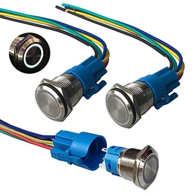 Image of QitinDasen 3Pcs Premium 12V/24V 5A Momentary Push Button Switch, 19mm Car Ignition Starter White LED Light Stainless Steel IP67 Waterproof Switch with Socket Plug Wire