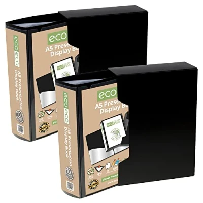 Image of eco A5 Size 50% Recycled 100 Pocket Black Presentation Display Book, Storage Case Portfolio Art Folder with Plastic Sleeves Box, (Pack of 2 Books) eco065x2