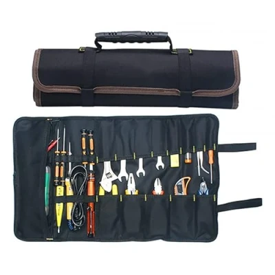 Image of Portable Tools Bag BE Tool 22 Pockets 600D Oxford Canvas Roll Up Big Tote Carrier Organizer, Easy Storage &amp; Best for Craftwork Handymen Repairmen BLACK