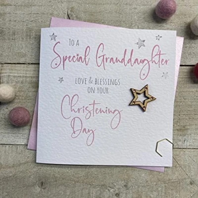Image of WHITE COTTON CARDS GRANDDAUGHTER CHRISTENING CARD WOODEN STAR DESIGN, HANDMADE (S150 GD)