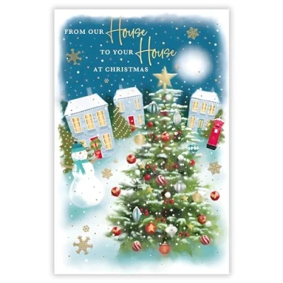 Image of Our House to Your Christmas Card Decorated Tree and Snowman Artistic Festive Design Special Finish Made in the UK Eco Friendly