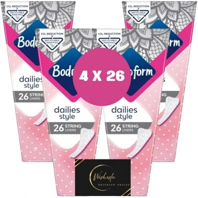 Image of Bodyform Dailies Panty Liners Thong String Multipack, Bundle of 104 (4x26 Packs) Thin, Discreet and Comfortable with Wishesla Thank You Card