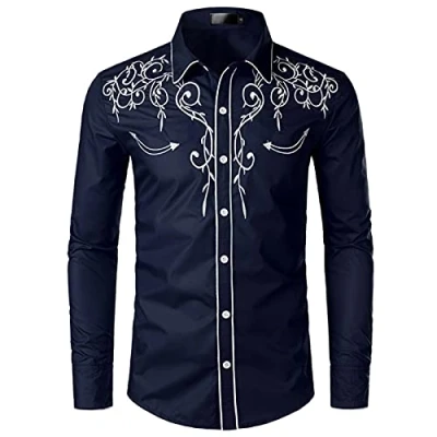 Image of NW Mens Stylish Western Cowboy Shirt Embroidered Slim Fit Casual Long Sleeve Shirts Wedding Party Navy
