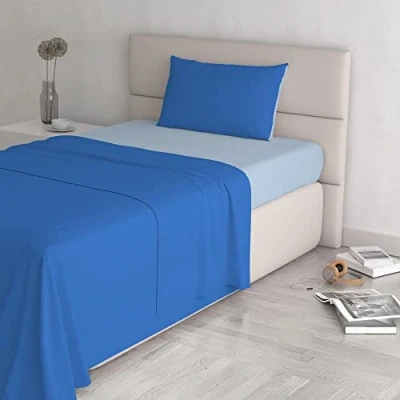 Image of Italian Bed Linen Natural Color Set (Flat 180x300, Fitted Sheet 120x200cm+Pillowcase 52x82cm), Petrol Bottle Green, 100% Cotton, Royal/Light Blue, SMALL DOUBLE
