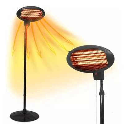 Image of 2KW Free Standing Outdoor Electric Garden Patio Heater Adjustable Height, 3 Heat Settings (650W/1350W/2000W), Weatherproof, Black Ideal for Warmth