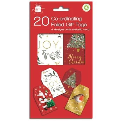 Image of Christmas Gift Tags Traditional Classic Santa Xmas Tree Robin Pack 20 Co Ordinating Foiled