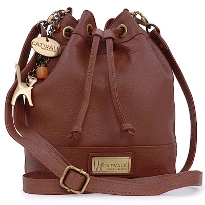 Image of Catwalk Collection Handbags Women&#039;s Leather Crossbody Bag Drawstring Bucket Small/Medium Adjustable Shoulder Strap ROCHELLE Tan